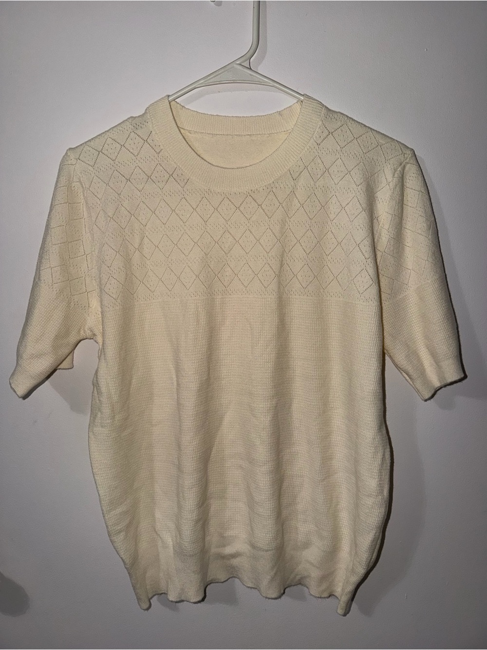 Women’s Vintage Ivory Pointelle Knit Short-Sleeve Pullover Sweater